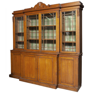 TALL ENGLISH OAK BREAKFRONT BOOKCASE WITH GLASS DOORS