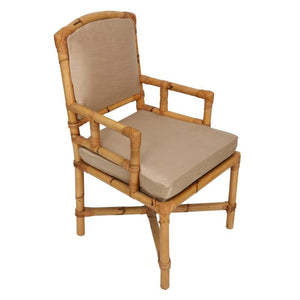 SINGLE VINTAGE BAMBOO ARMCHAIR WITH NEWLY UPHOLSTERED BEIGE RAW SILK CUSHION AND BACK