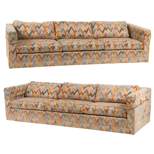 PAIR OF VINTAGE DUNBAR SOFAS WITH MULTICOLOR FLAMESTITCH CHEVRON UPHOLSTERY