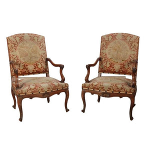 VINTAGE PAIR OF CARVED  WALNUT FAUTEUILS WITH FLORAL TAPESTRY AND CABRIOLE LEGS