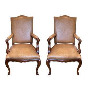 PAIR OF LEATHER UPHOLSTERED ARMCHAIRS WITH NAIL HEAD DETAIL