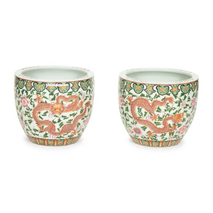 PAIR OF VINTAGE CHINESE EXPORT PORCELAIN JARDINIERES PLANTERS WITH DRAGON MOTIF