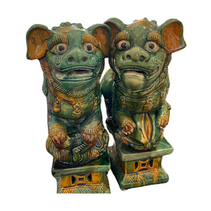 PAIR OF GREEN & YELLOW FU DOGS