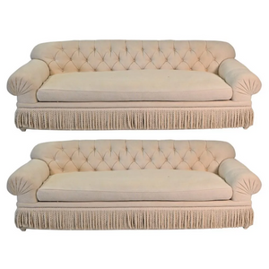 VINTAGE LARGE CREAM SOFA WITH TUFTED BACK AND BULLION FRINGE