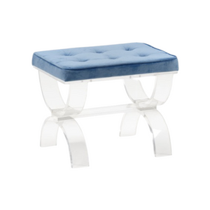 LUCITE STOOL WITH BLUE VELVET CUSHION