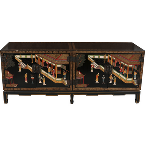 LARGE ASIAN HAND PAINTED CREDENZA WITH CARVED CHINOISERIE MOTIF