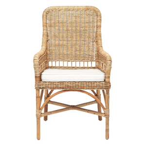 NATURAL WICKER ARM CHAIR WITH WHITE CUSHION