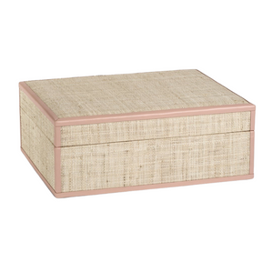 NATURAL FIBER RAFFIA BOX WITH PINK LEATHER TRIM