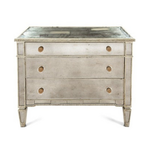 HOLLYWOOD REGENCY STYLE MIRRORED THREE DRAWER CHEST WITH BRASS DETAILS