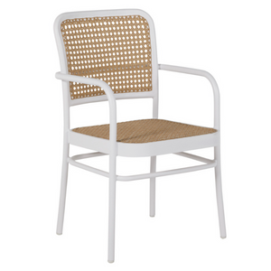 WHITE ALUMINUM OUTDOOR DINING CHAIR WITH CANE SEAT AND BACK