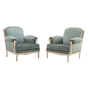 PAIR OF LOUIS XVI STYLE TEAL UPHOLSTERED BERGERES