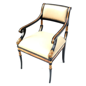 REGENCY STYLE EBONIZED ARMCHAIR WITH LEATHER AND GILT DETAILING