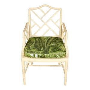 SET OF FOUR WHITE VINTAGE BAMBOO CHAIRS WITH MEG BRAFF FABRIC CUSHION