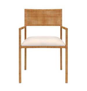 RATTAN AND CANED DINING ARMCHAIR WITH WHITE CUSHION