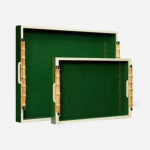 SET OF 2 GREEN TRAYS WITH FAUX BAMBOO HANDLES