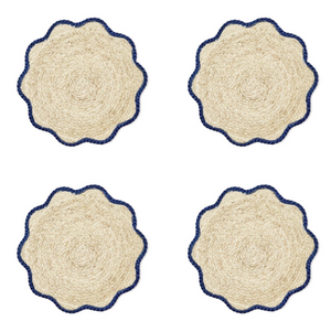 S/4 SCALLOPED SEAGRASS PLACEMATS WITH NAVY TRIM