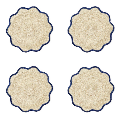 S/4 SCALLOPED SEAGRASS PLACEMATS WITH NAVY TRIM