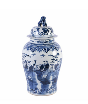 BLUE AND WHITE TEMPLE JAR WITH 8 IMMORTAL MOTIF