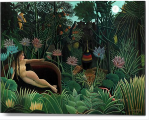 "THE DREAM" MONUMENTAL UNSIGNED OIL AND CANVAS IN THE STYLE OF HENRY ROUSSEAU.
