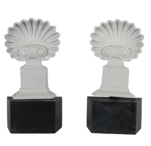 VINTAGE VICTORIAN CLAM SHELL ANDIRONS WITH BLACK BASE, PAIR