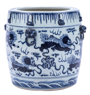 BLUE AND WHITE PORCELAIN LION PLANTER
