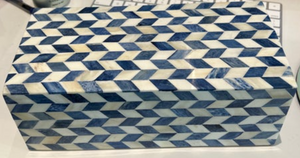 LARGE BLUE AND WHITE CHEVRON BONE INLAY BOX