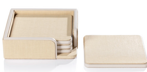 LEATHER COASTERS IN A TRAY, RAFFIA AND CREAM