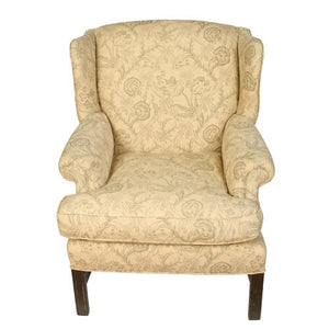 UPHOLSTERED ENGLISH MAHOGANY WING BACK CHAIR