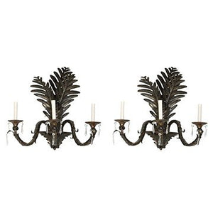 PAIR OF LARGE TOLE METAL PALM FROND THREE ARM SCONCES