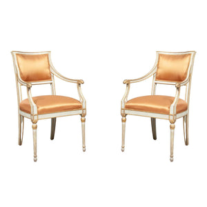 PAIR OF NEIRMANN WEEKS STYLE ITALIAN NEOCLASSICAL PAINTED ARM CHAIRS IN APRICOT SILK FABRIC