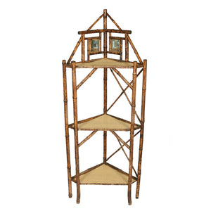 VINTAGE THREE TIERED RATTAN AND RAFFIA ETAGERE WITH MIRROR