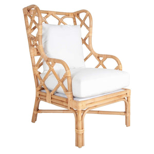 RATTAN AND BAMBOO WINGBACK CHAIR WITH BACK AND SEAT CUSHION