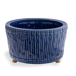 ROYAL BLUE BAMBOO CERAMIC CACHEPOT WITH BRASS FEET