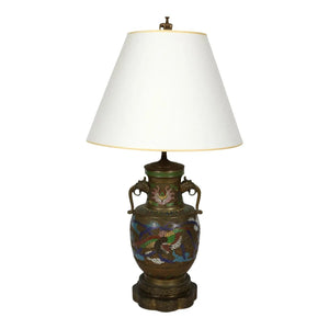 ANTIQUE CHAMPLEVE HANDLED URN MOUNTED AS LAMP