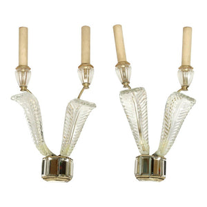 PAIR OF DECO PLUME TWO ARM CRYSTAL AND MIRROR SCONCES
