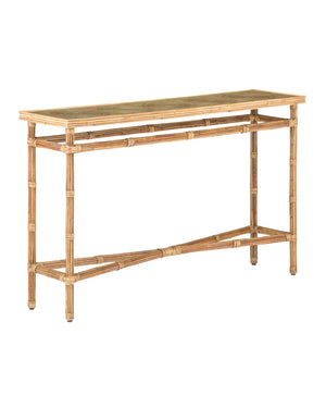 NATURAL RATTAN NARROW CONSOLE WITH GLASS TOP