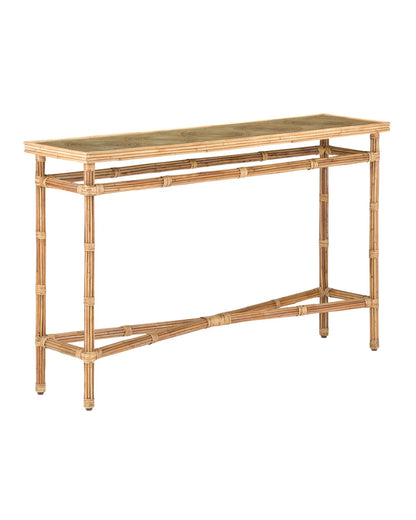 NATURAL RATTAN NARROW CONSOLE WITH GLASS TOP