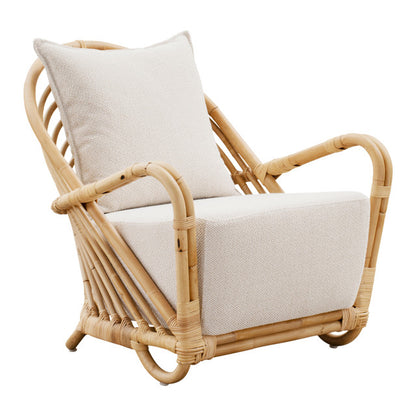 CURVED DEEP RATTAN LOUNGE CHAIR WITH CREAM UPHOLSTERY