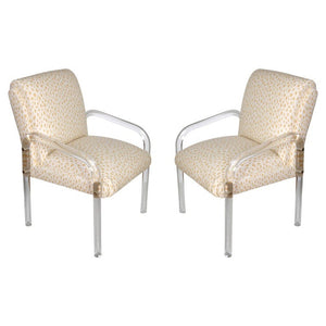 PAIR VINTAGE PACE LUCITE CHAIRS NEWLY UPHOLSTERED YELLOW CHEETAH