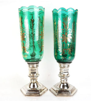 PAIR OF EMERALD GREEN PHOTOSPHERES WITH GILT FOIATE DETAIL