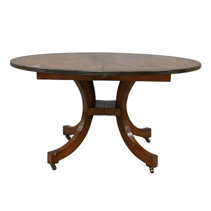 HOLLY HUNT MAHOGANY VINTAGE ROUND DINING TABLE WITH LEAVES