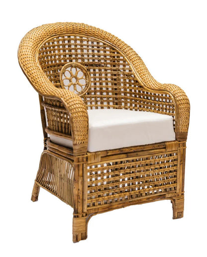 NATURAL WOVEN ARMCHAIR WITH FLOWER DETAIL & CUSHION