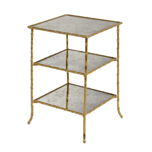 BRASS AND ANTIQUE MIRROR THREE TIER MINI ETAGERE