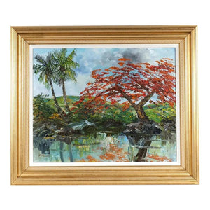LAKESIDE RED TREE OIL ON CANVAS IN GILT FRAME