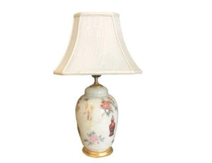 ASIAN REVERSE GLASS PAINTED VINTAGE LAMP WITH GILT BASE AND SHADE