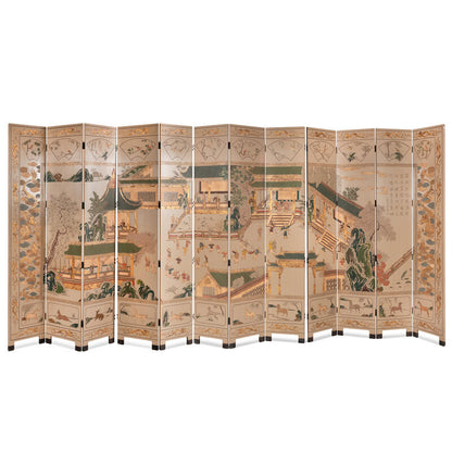CHINOISERIE TWELVE PANEL BEIGE SCENIC FLOOR SCREEN