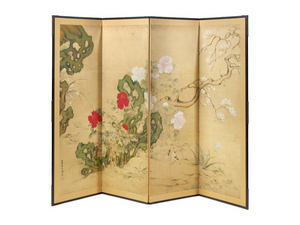 VINTAGE JAPANESE BYOBU RED AND WHITE FLORAL FOUR PANEL SCREEN