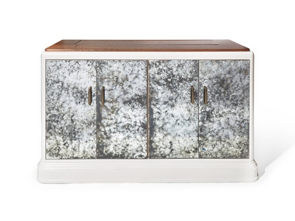 CUSTOM ANTIQUED MIRROR FOUR DOOR CABINET WITH TV LIFT