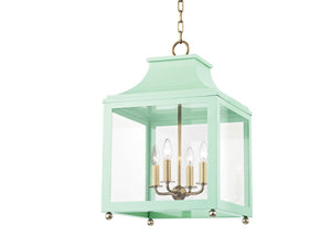 SMALL FOUR LIGHT LANTERN IN MINT GREEN WITH BRASS CHAIN