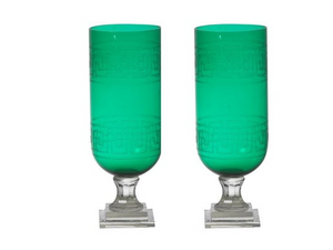 EMERALD GREEN GREEK KEY GLASS HURRICANES